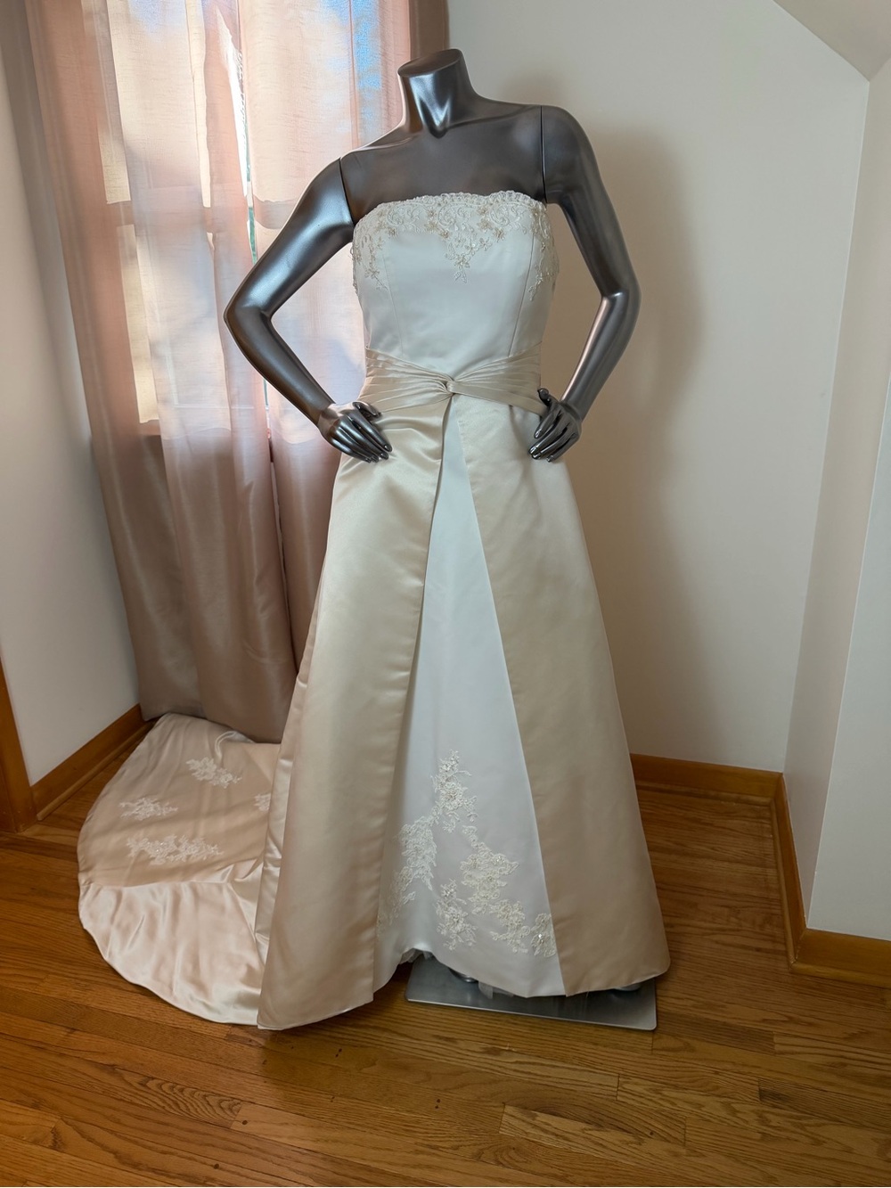 Strapless ivory/ champagne Satin A-Line Bridal Gown with Lace Appliqué
